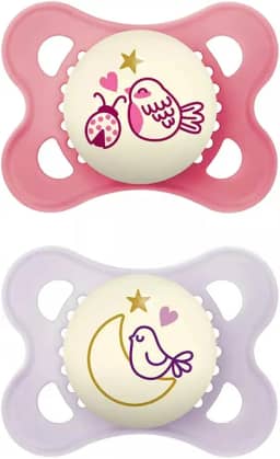 MAM Baby Kit Com 2 Chupetas Original Night Com Botão Que Brilha No Escuro, Bico de Silicone SkinSoft para Crianças 0-6 Meses Com Caixa Esterilizadora, Rosa
