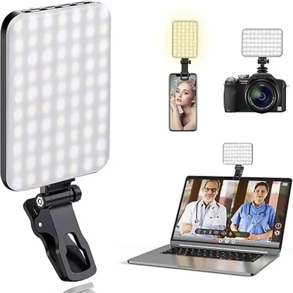 Luz de Preenchimento LED RGB com Clip Portátil Recarregável – Ajuste de Brilho e Temperatura de Cor – Ideal para Selfies, Maquiagem, Vídeos, Lives e Conferências Online
