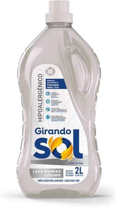 Lava Roupas Líquido Hipoalergênico Girando Sol 2L, Sabão Líquido Lava Roupa Para Peles Sensíveis (Embalagem pode variar)