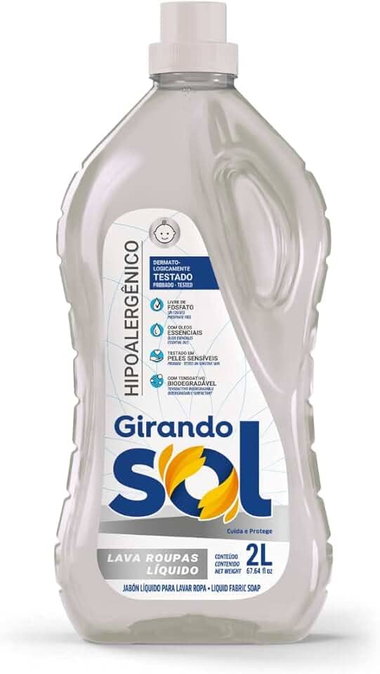 Lava Roupas Líquido Hipoalergênico Girando Sol 2L, Sabão Líquido Lava Roupa Para Peles Sensíveis (Embalagem pode variar)