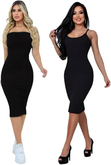 Vestidos midi femininos Verde Tamanho P Kit 2 Vestido Midi Com Alça E Tomara Que Caia Tecido Grosso Confortável