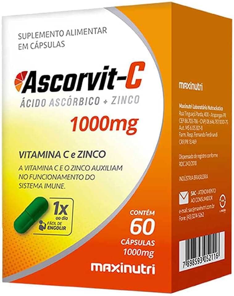 Ascorvit-C 1G (Vitamina C + Zinco) - 60 Caps, Maxinutri