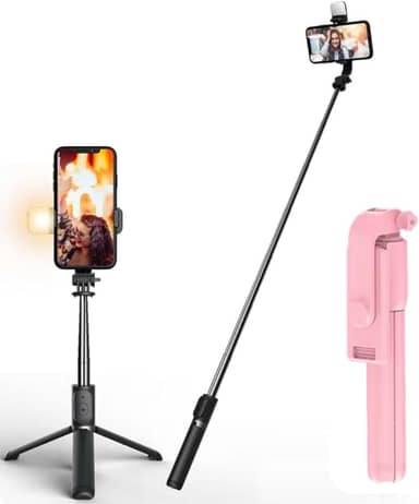 Tripé Bastão Pau De Selfie Com Led Bluetooth Retrátil Para Celular Com Controle Remoto (Rosa)