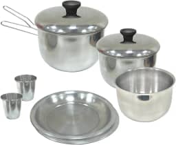 Nautika, Kit de Panelas De Camping Gourmet Com 8 Peças, 2 copos, 2 pratos, 2 panelas, 1 Bowl e 1 pegador universal removível, Compacto Em Alumínio