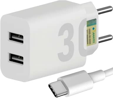 Carregador Turbo 30W Ultra Rápido Tipo C e 2 USB Com Carregamento Rápido + Cabo Tipo C Compatível Com Todos Aparelhos USB-C Acabamento Premium