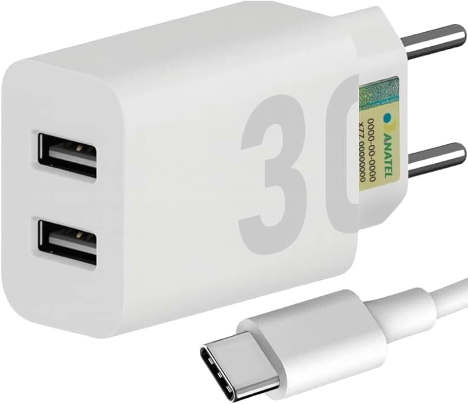 Carregador Turbo 30W Ultra Rápido Tipo C e 2 USB Com Carregamento Rápido + Cabo Tipo C Compatível Com Todos Aparelhos USB-C Acabamento Premium