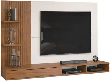 Painel Para TV Até 60 Polegadas Detalhe Frisado Com Nichos Abel Madeirado/Off White