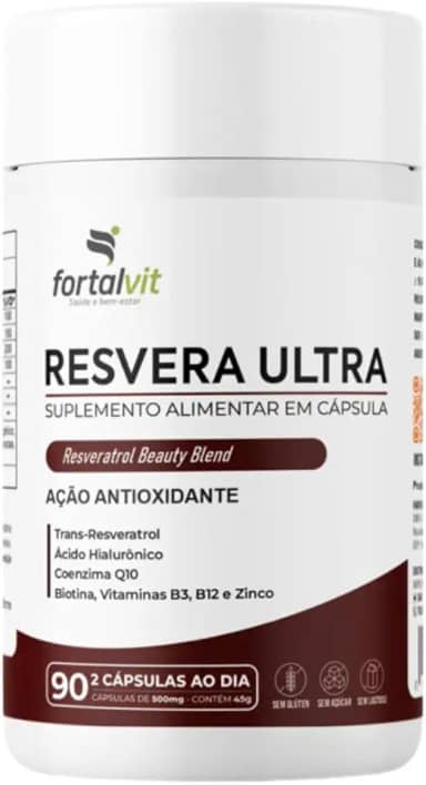 RESVERA ULTRA Trans-resveratrol, Ácido Hialurônico, Biotina, Coenzima Q10, Vitaminas B3, B12 e Zinco, 90 Cápsulas, Beauty Blend, Fortalvit