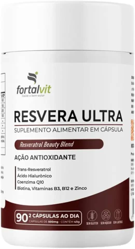 RESVERA ULTRA Trans-resveratrol, Ácido Hialurônico, Biotina, Coenzima Q10, Vitaminas B3, B12 e Zinco, 90 Cápsulas, Beauty Blend, Fortalvit