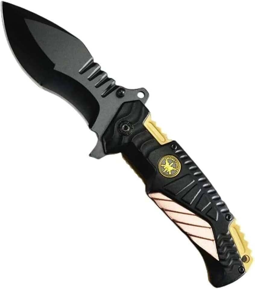 Canivete Tático de Sobrevivência Fire Fighter, Lâmina em Metal, 21 cm, Dourado e Preto, Estilo Italiano