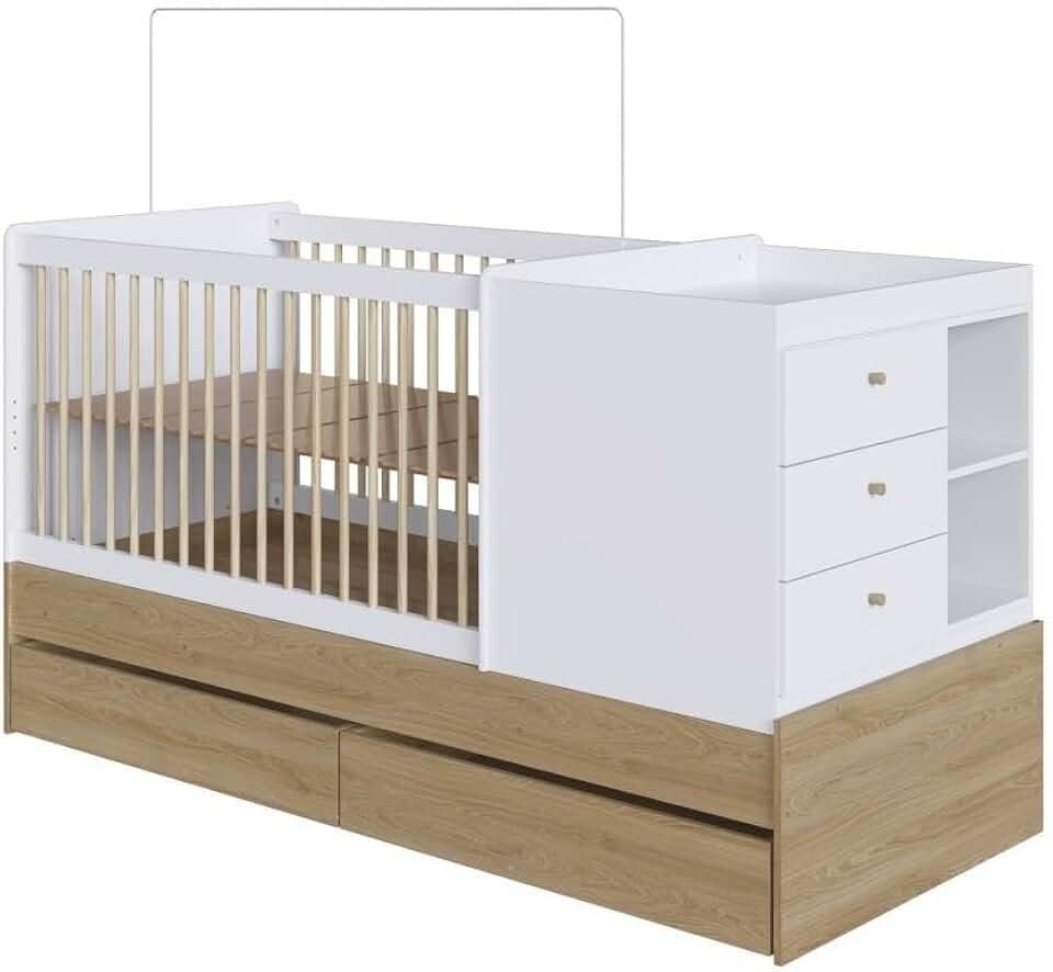 Berço Multifuncional com Cômoda 5 Gavetas Marrom Branco