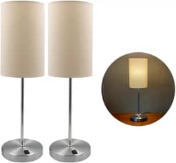 Kit com 2 Luminária de Mesa Abajur Cilindrico Delicado Em Alumínio Escovado Com Cúpula de Tecido Algodão Revestida em Acetato Soquete E27 Bivolt (Bege)