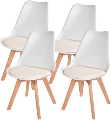 Kit 4 Cadeiras Leda, Estilo Moderno, Polipropileno e Madeira Natural, Almofada Branca, Design Escandinavo, para Sala de Jantar, Cozinha, Bar e Área Gourmet- Brancas