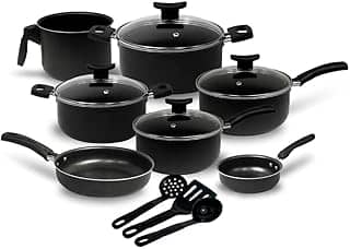 Jogo de Panelas 10 Peças Preto Antiaderente c/Tampa de Vidro e Utensílios