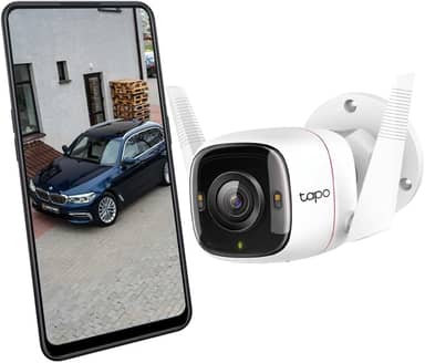 Tapo C320WS – Câmera de vigilância WiFi externa/interna, 2K, resolução QHD de 4 MP, visão noturna colorida, 512G, notificações em tempo real, IP66 à prova d'água, compatível com Alexa, branca.