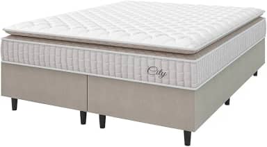 Cama Box Colchão Casal King Molas Ensacadas City Pillow Top 193x203x61cm Bege/Branco Hellen - Suporta até 110kg por Pessoa