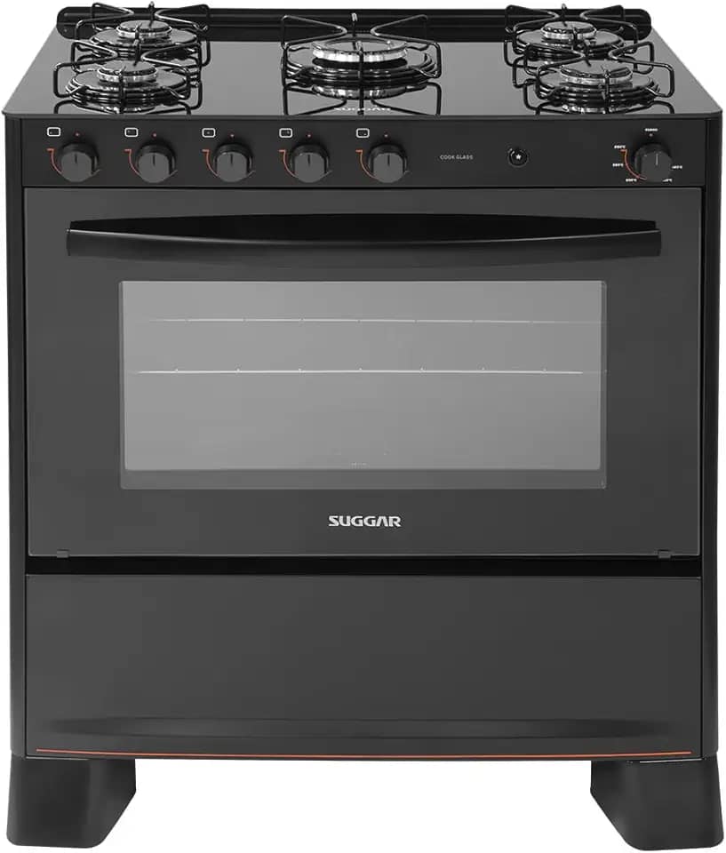 SUGGAR FOGÃO COOK GLASS PRETO MESA DE VIDRO 5 BOCAS MEGA CHAMA TREMPE 6 APOIOS ACENDIMENTO AUTOMÁTICO FGVCG510PT