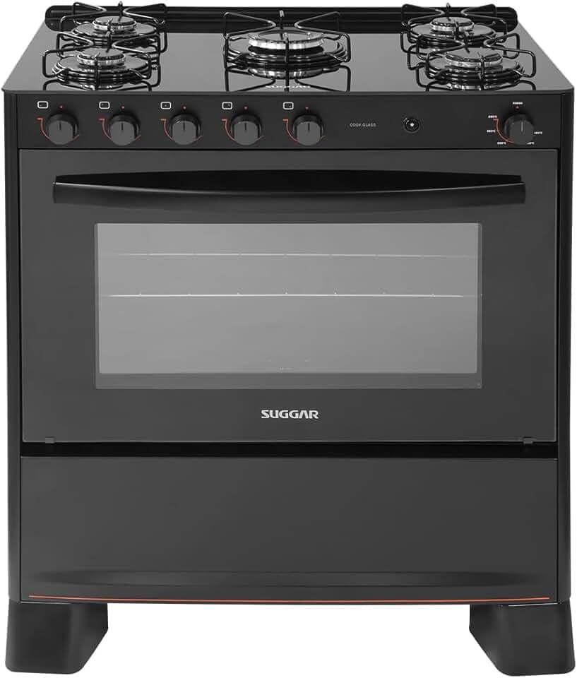 SUGGAR FOGÃO COOK GLASS PRETO MESA DE VIDRO 5 BOCAS MEGA CHAMA TREMPE 6 APOIOS ACENDIMENTO AUTOMÁTICO FGVCG510PT