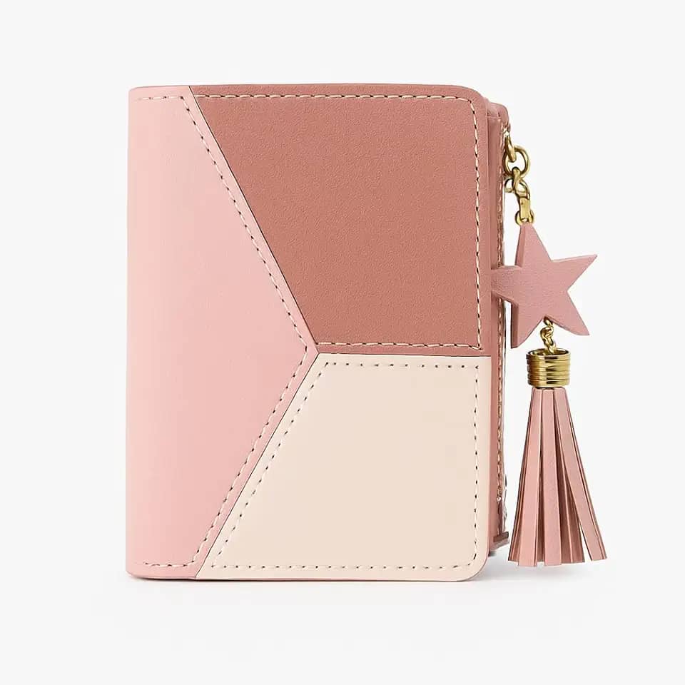 Carteira Feminina Geométrica Com Pingente Tassel Colorido, Compacta e Moderna, Com Porta Cartões, Zíper Para Moedas e Documento, Couro Sintético Estilo Fashion Elegante Prática (Rosé Clássico)