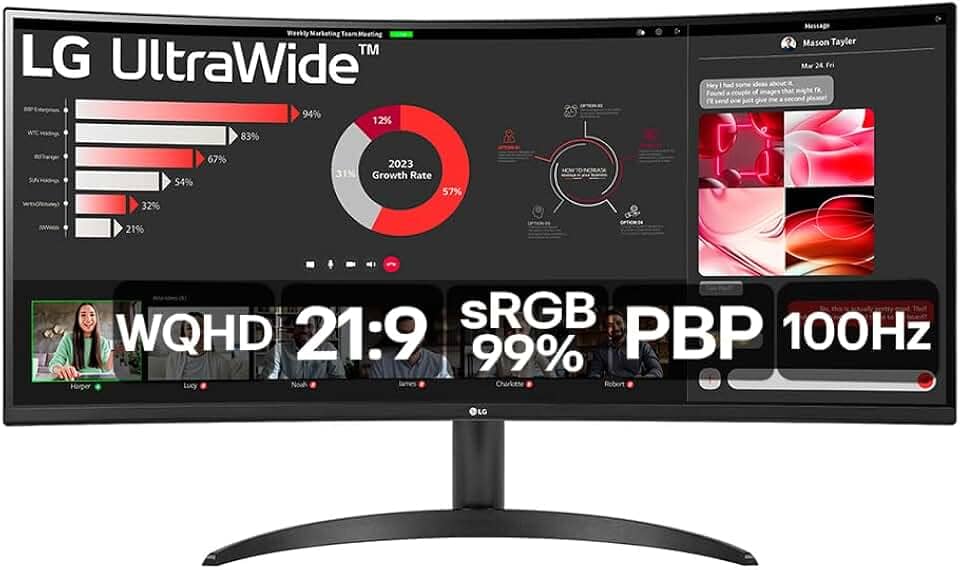 Monitor LG UltraWide Curvo - Tela VA de 34”,2K WQHD 3440 x 1440, 21:9, sRGB 99%, HDR10, PBP, OnScreen Control, Modo Leitura e Flicker Safe, 100Hz, AMD FreeSync™ - 34WR50QC-B