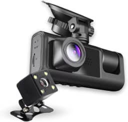 Câmera Veicular 3 Lentes Full HD 1080p, Gravação 360°, Visão Noturna, Sensor G, Detecção de Movimento, Tela LCD, Suporte 32GB