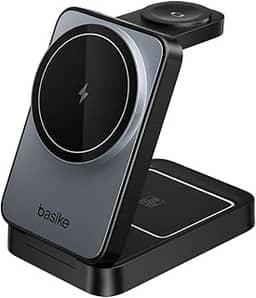 Basike Carregador Sem Fio 3 em 1 Magnético 2025, Estação de Carregamento Portátil com Luz Noturna, Dobrável e Compatível com MagSafe, iPhone 16/15/14/13/12, Apple Watch e AirPod (Preto)