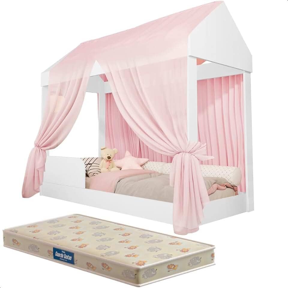 Cama Infantil com Colchão e Voal Rosa Montessoriana Crystal
