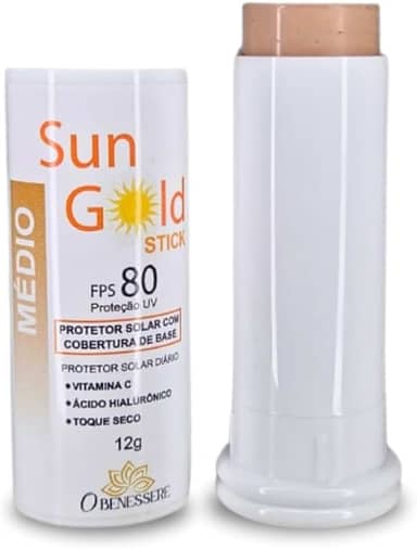 Protetor Solar em Bastão FPS 80 Sun Gold Stick - Toque Seco, Cobertura Natural, Vitamina C - O Benessere Nutrition | Cor: Médio | 12 gramas |