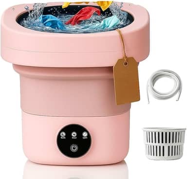 Lavadora Portátil 65L Mini Máquina de Lavar Dobrável Compacta Silenciosa com Centrifugação para Roupas Íntimas Meias Roupas de Bebê Viagens (ROSA)