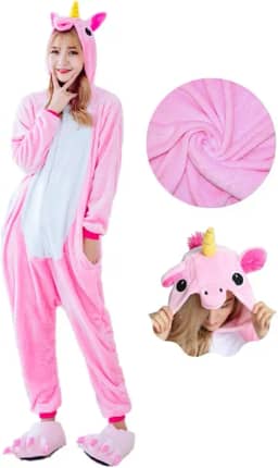 Pijama Feminino Unicórnio Rosa Kigurumi Original de Pelinho Macacão com Capuz Manga Longa