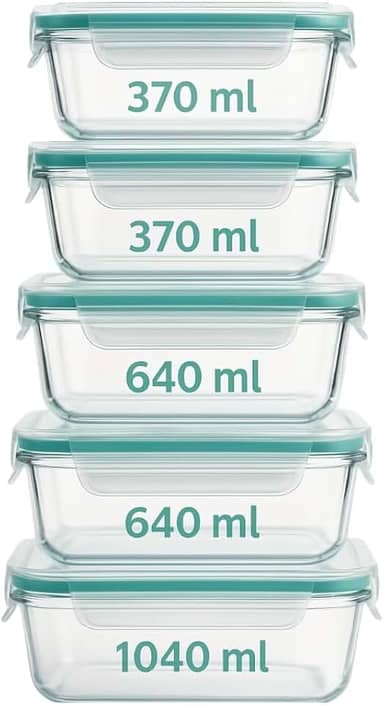 Conjunto 5 Potes Herméticos de Vidro com Tampa – 370ml 640ml 1040ml – Vedação Airtight – Ideal para Geladeira, Freezer e Marmita – Tampa Verde