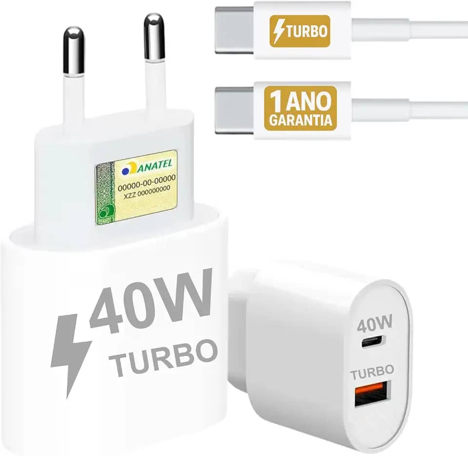 Carregador Turbo 40W Compatível iPhone 17 Air 17 Pro 17 Pro Max 16 16 Pro 16 Pro Max 15 15 Pro 15 Max iPad iOS Cabo USB-C Celular Tipo-C Duas Saídas USB-A Rápida PD Ultra Resistente Original 10CLICK®