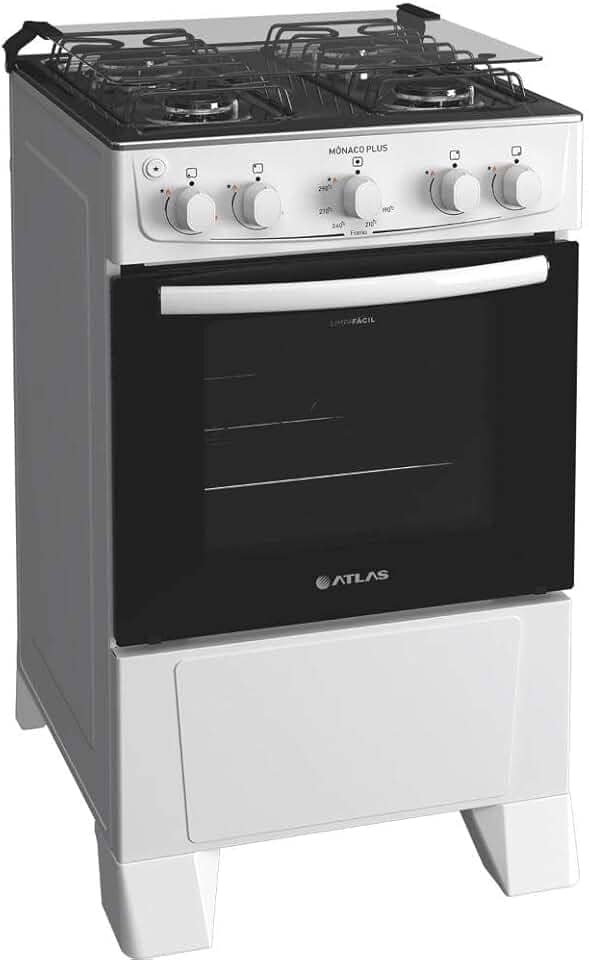 Fogão 4 bocas Atlas Mônaco Plus Branco Mesa inox e acendimento automático