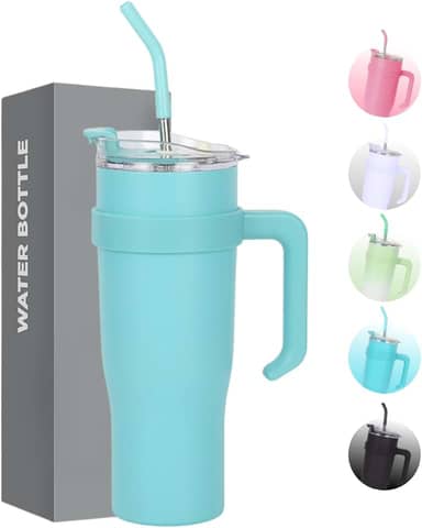 Copo Caneca Térmica de Inox à Vácuo Com Alça e Canudo 1200ml (Copo Virgínia) (Turquesa)