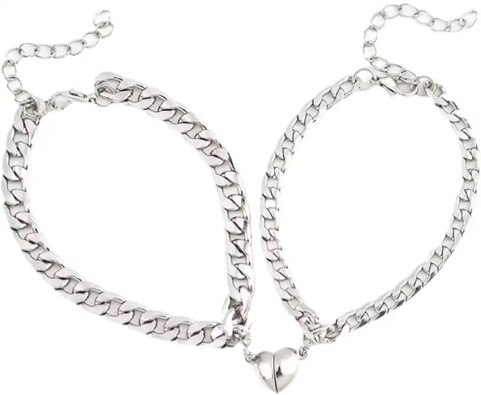 Par de Pulseiras Casal Amizade Coração Imã Magnético Em Aço Inoxidável