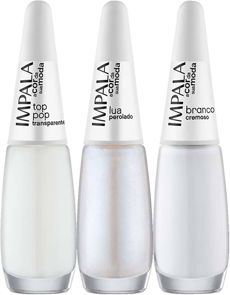 IMPALA Kit Francesinha, 3 Esmaltes 7.5ml, Top Pop Transparente, Lua Perolado, Branco Cremoso, para Manicure Profissional