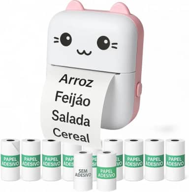 Mini impressora térmica portátil (Rosa) sem fio 200dpi + 10 rolos papel adesivo térmico e 1 rolo comum 57 * 30mm impressão bluetooth para fotos scanners, etiquetas