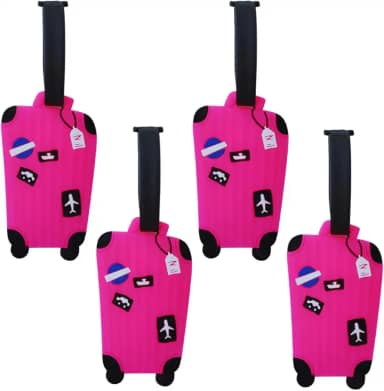 Kit 4 Tag de Bagagem Identificador de Mala de Viagem Férias Avião Etiqueta de Silicone Premium (ROSA, MALINHA)