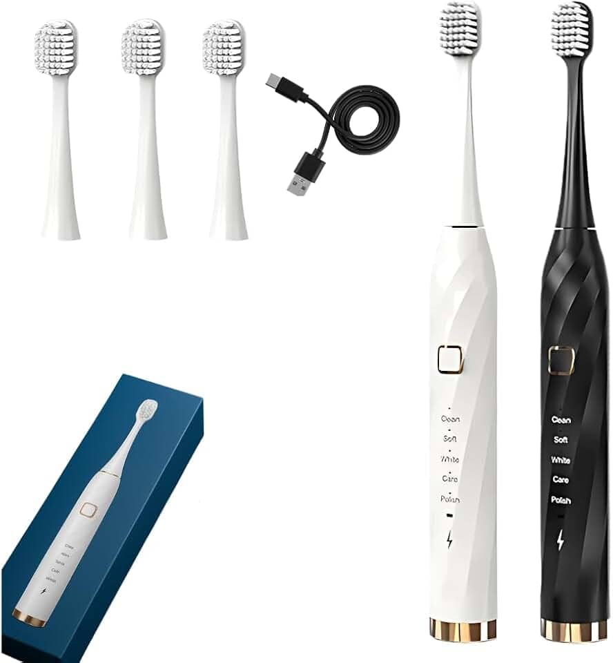 Escova de dentes elétrica sônica recarregável, ideal para adultos e crianças, 5 modos opcionais IPX7 USB Escova de dentes ultrassônica elétrica de carregamento rápido com temporizador integrado cabo incluso + 3 refis de escova