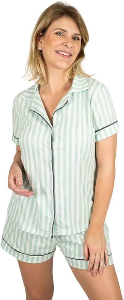 Pijama Algodão Feminino Curto Americano Manga Curta com Botões Verão Adulto indicado Gestante Amamentação e Pós cirúgico - Listrado Verde
