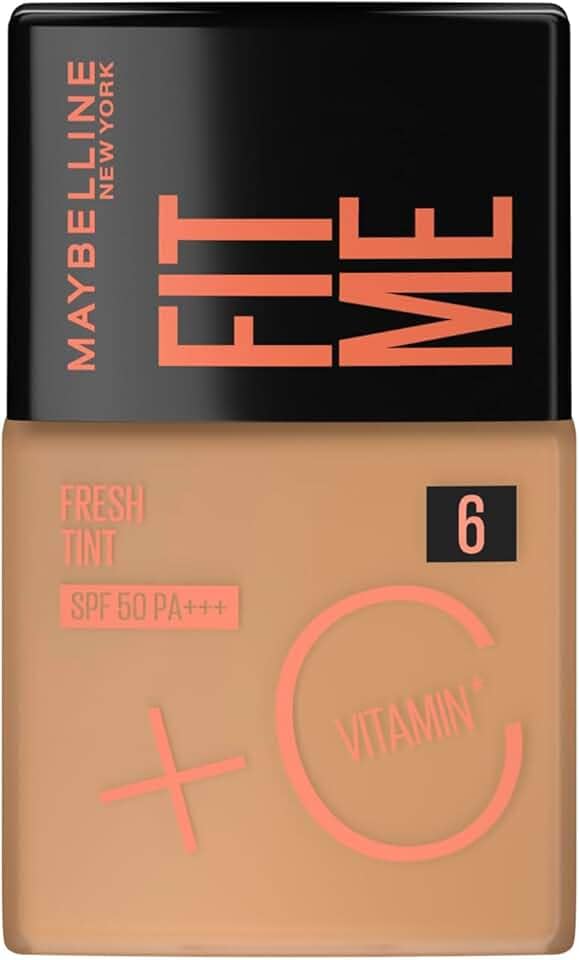 Maybelline NY Fit Me Fresh Tint Base Líquida, Proporciona Efeito Glow Natural, Controla a Oleosidade e Uniformiza a Pele com Vitamina C e FPS 50, Cor 06, 30ml