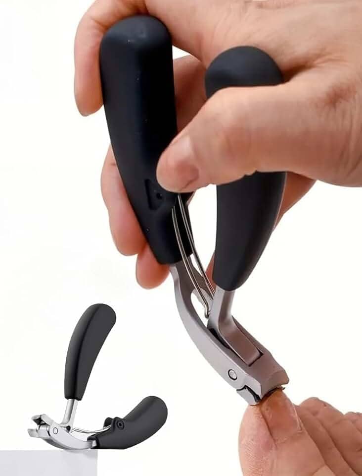 1 cortador de unhas profissional, estilo moderno, lâmina de aço inoxidável, borda côncava, abertura ampla, anti-respingos, cabo longo, aparador de cutículas curvas para unhas grossas, adequado para