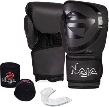 Luva de Boxe e Muay Thai Naja Black Line - 1 Par de luva + 1 Par de Bandagem Elástica + 1 Protetor Bucal
