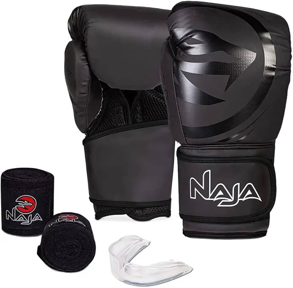 Luva de Boxe e Muay Thai Naja Black Line - 1 Par de luva + 1 Par de Bandagem Elástica + 1 Protetor Bucal