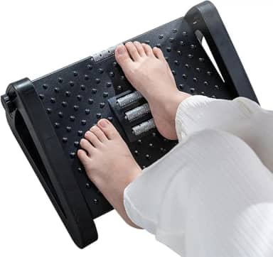 Apoio Ergonômico para Pés Ajustável com 6 Níveis e Rolos Massageadores – Descanso para Pés Sob a Mesa, Escritório, Casa ou Banheiro – Superfície Antiderrapante, Design Resistente – Cor Preta