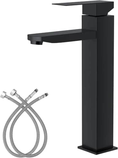 Torneira de Cascata Alta Aço Inoxidável Manípulo Único para Banheiro Torneira para Lavatório com 2 Linhas de Abastecimento de Agua (Preto)