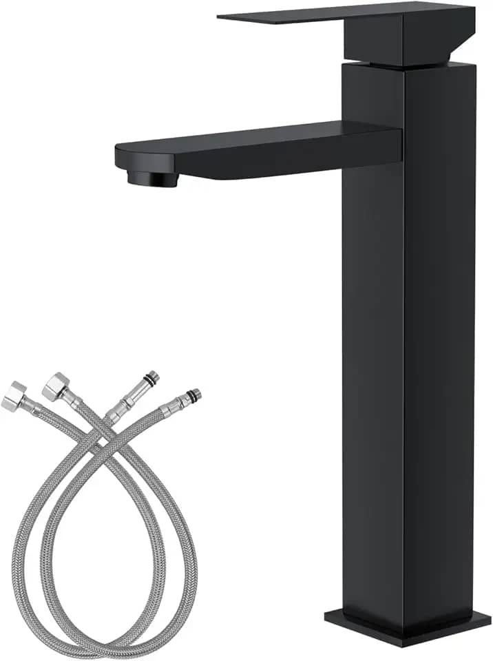 Torneira de Cascata Alta Aço Inoxidável Manípulo Único para Banheiro Torneira para Lavatório com 2 Linhas de Abastecimento de Agua (Preto)
