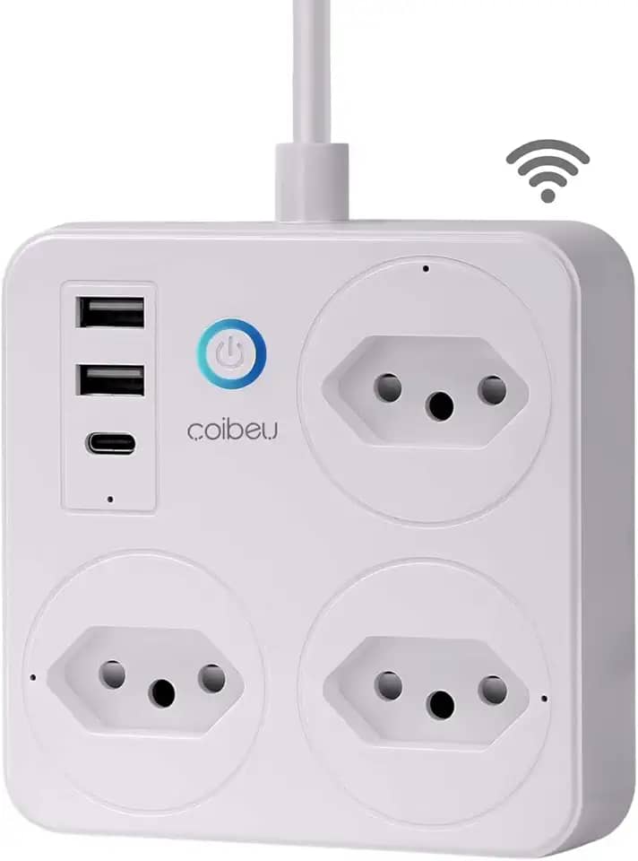 Filtro de Linha Branco Tomada Inteligente Tomada Wifi Extensão Inteligente Wifi Extensão Régua de Energia 3 Tomadas 2 Usb 1 Usb-C Controle pelo Celular