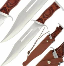 Faca Rambo Grande para Caça, Trilha, Pesca, Sobrevivência, em Aço Inoxidável com Bainha de Couro