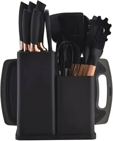 Kit Conjunto 19 Peças Utensílios de Cozinha em Silicone e Madeira – Espátulas, Colheres, Pegador, Fouet, Antiaderente, Resistente ao Calor, Ideal para Panelas, Cozinhas e Presentes (Preto)